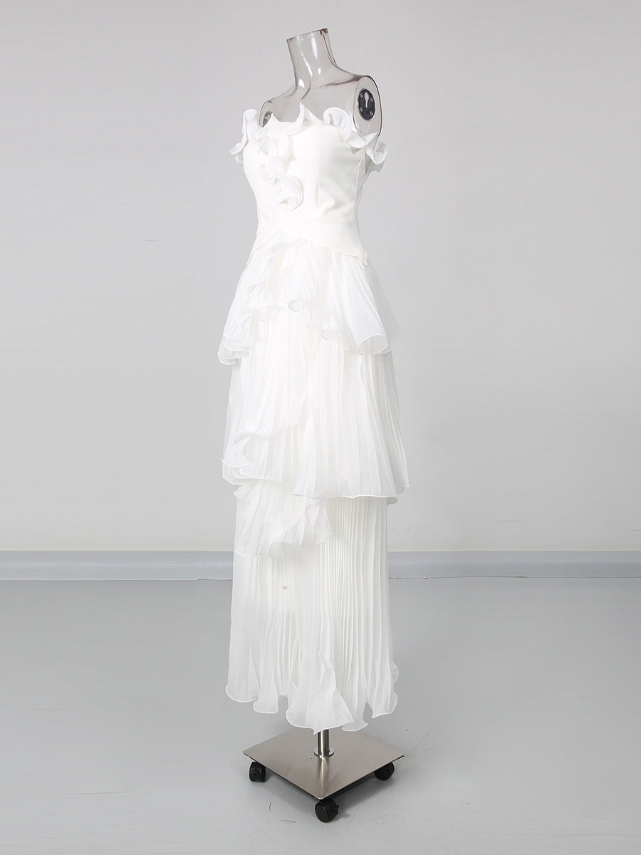 White Strapless Ruffle Trim Pleated Tiered Evening Dress