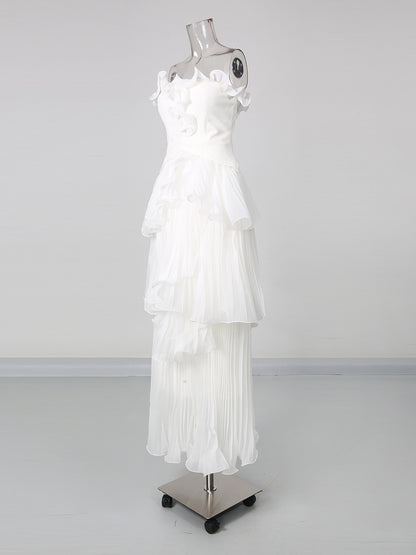 White Strapless Ruffle Trim Pleated Tiered Evening Dress
