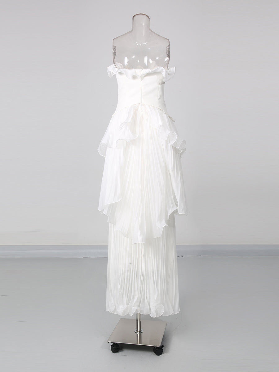 White Strapless Ruffle Trim Pleated Tiered Evening Dress