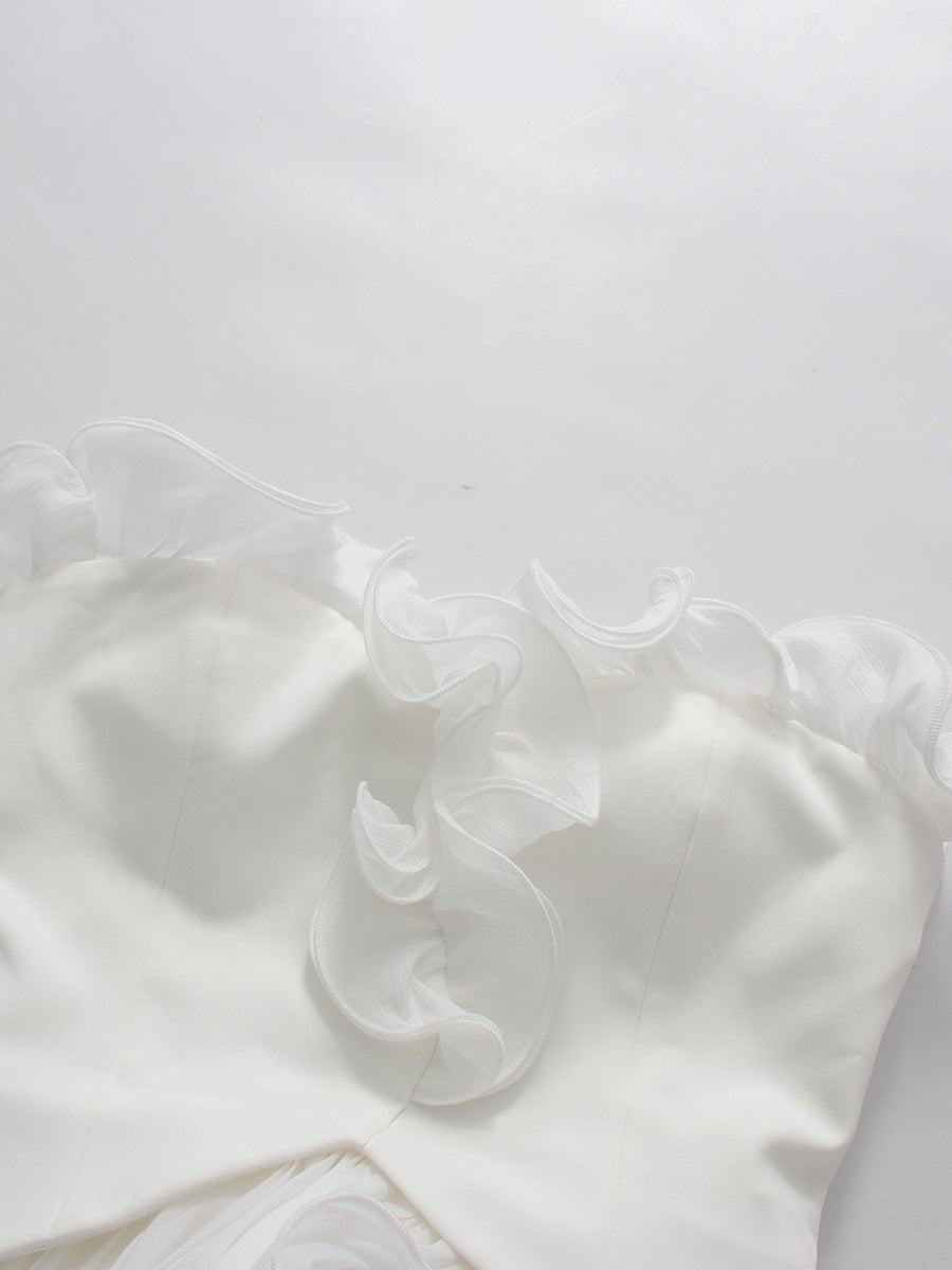 White Strapless Ruffle Trim Pleated Tiered Evening Dress
