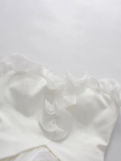 White Strapless Ruffle Trim Pleated Tiered Evening Dress