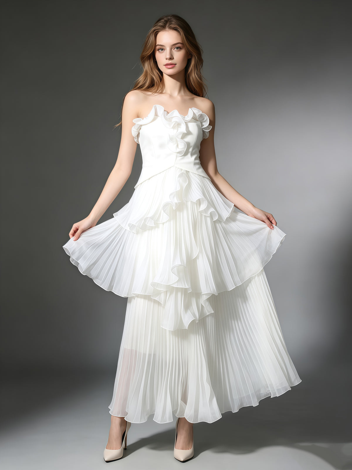 White Strapless Ruffle Trim Pleated Tiered Evening Dress
