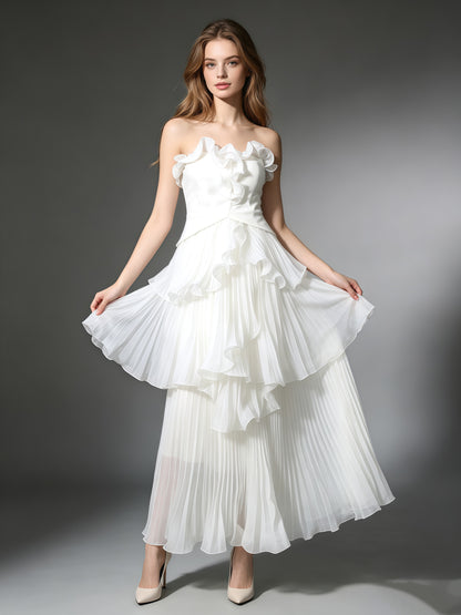White Strapless Ruffle Trim Pleated Tiered Evening Dress
