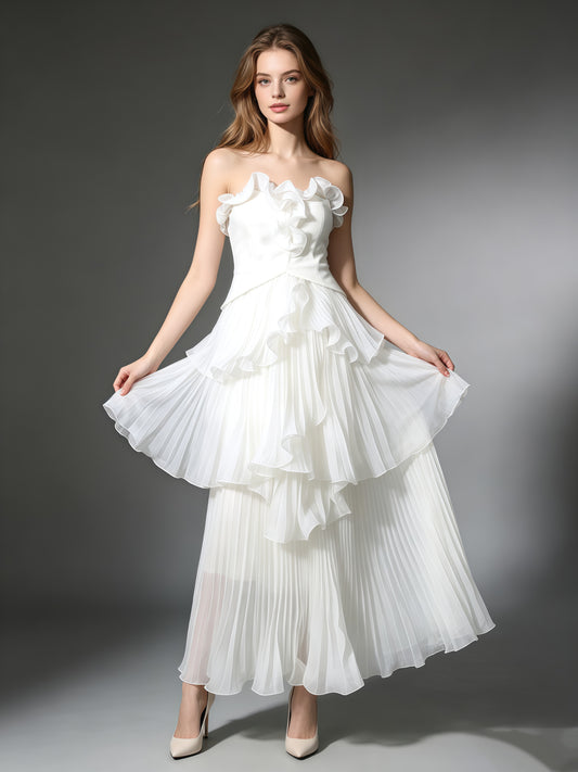 White Strapless Ruffle Trim Pleated Tiered Evening Dress