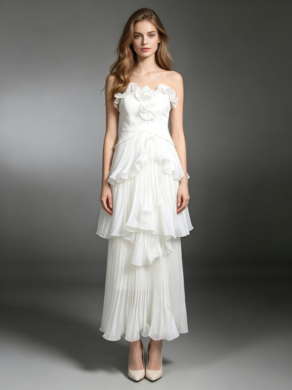 White Strapless Ruffle Trim Pleated Tiered Evening Dress