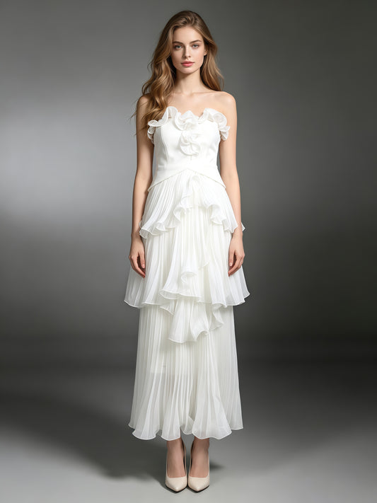 White Strapless Ruffle Trim Pleated Tiered Evening Dress