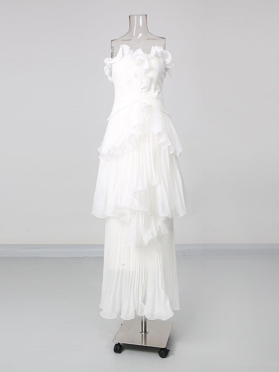 White Strapless Ruffle Trim Pleated Tiered Evening Dress