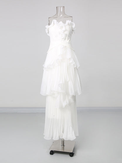 White Strapless Ruffle Trim Pleated Tiered Evening Dress