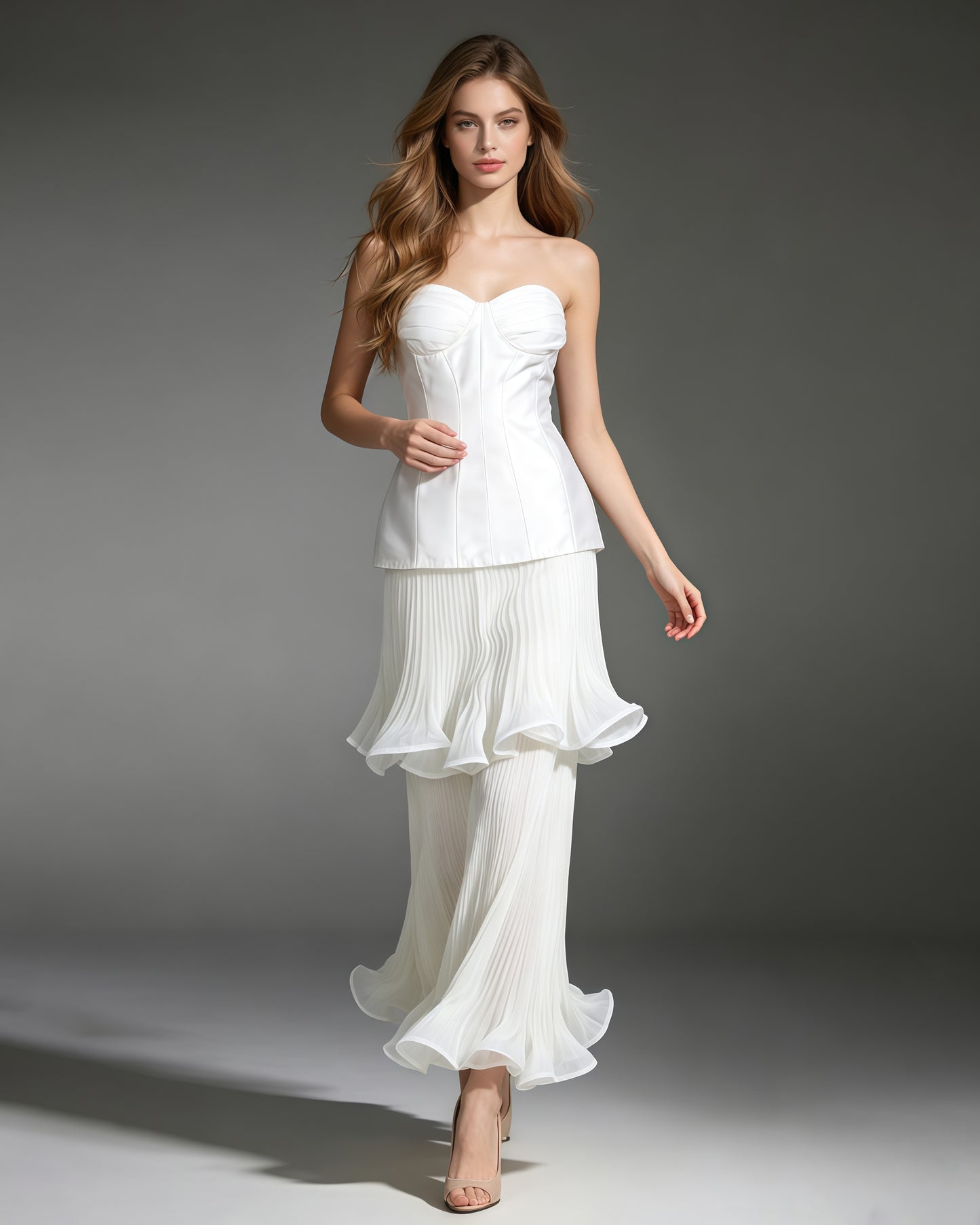 White Strapless Two‑Layer Pleated Ruffle Midi Dress