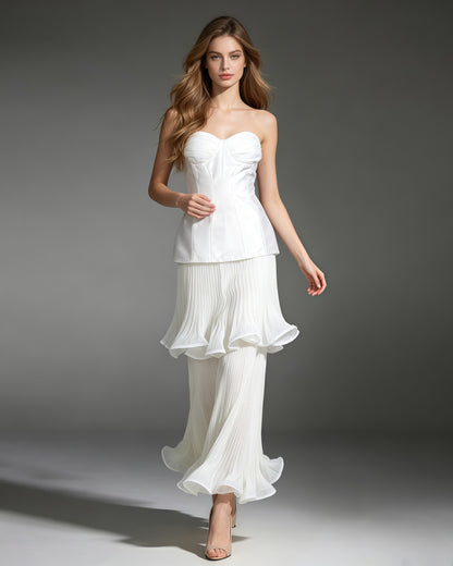 White Strapless Two‑Layer Pleated Ruffle Midi Dress