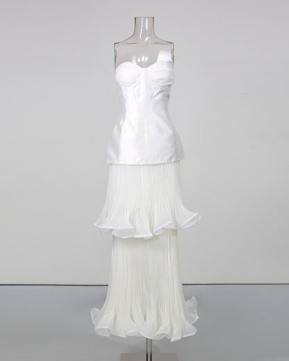 White Strapless Two‑Layer Pleated Ruffle Midi Dress
