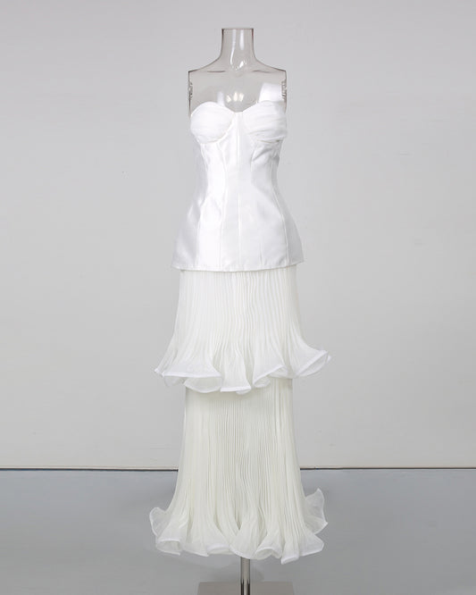 White Strapless Two‑Layer Pleated Ruffle Midi Dress