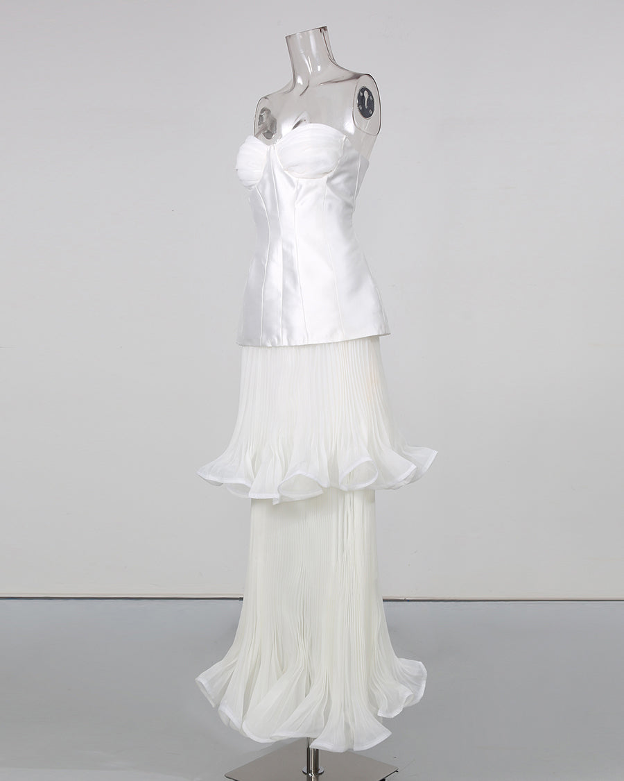 White Strapless Two‑Layer Pleated Ruffle Midi Dress