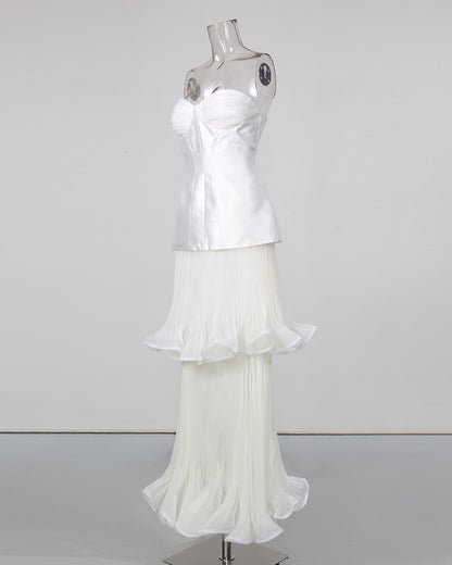 White Strapless Two‑Layer Pleated Ruffle Midi Dress