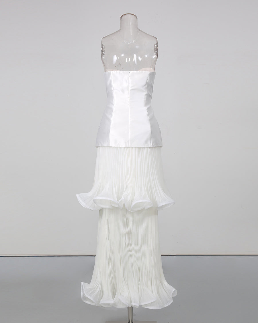 White Strapless Two‑Layer Pleated Ruffle Midi Dress