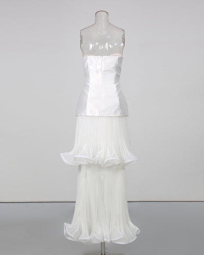White Strapless Two‑Layer Pleated Ruffle Midi Dress