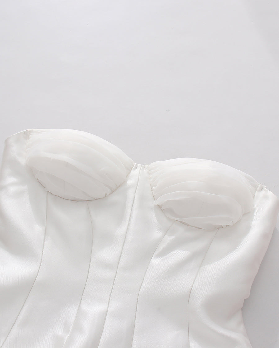 White Strapless Two‑Layer Pleated Ruffle Midi Dress