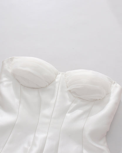 White Strapless Two‑Layer Pleated Ruffle Midi Dress