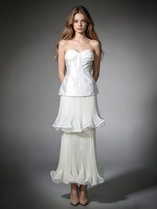 White Strapless Two‑Layer Pleated Ruffle Midi Dress