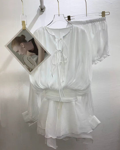 White Tie-Neck Shiny Ruffled Dress