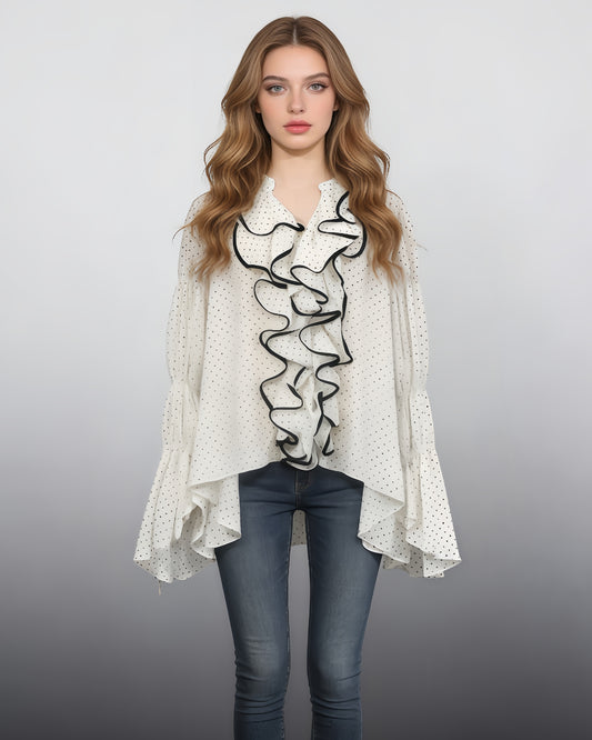 White Trim Ruffle Drawstring Chiffon Blouse