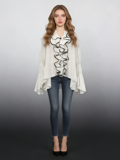 White Trim Ruffle Drawstring Chiffon Blouse