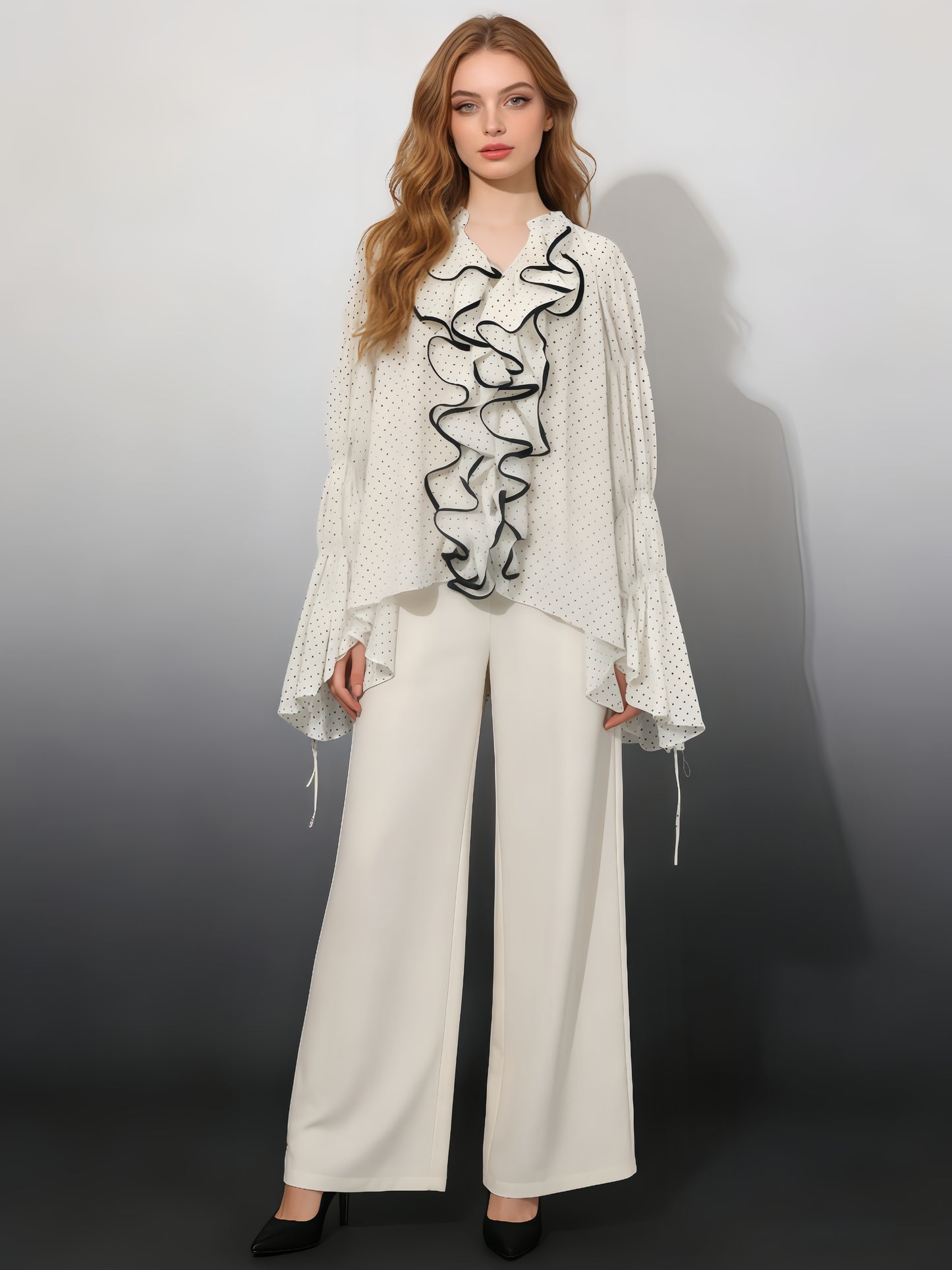 White Trim Ruffle Drawstring Chiffon Blouse