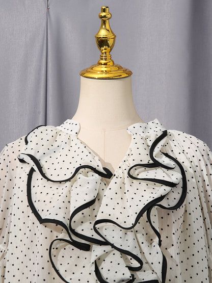 White Trim Ruffle Drawstring Chiffon Blouse