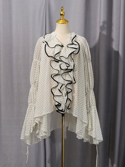 White Trim Ruffle Drawstring Chiffon Blouse