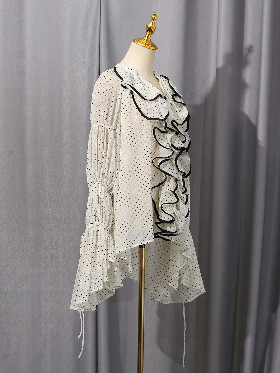 White Trim Ruffle Drawstring Chiffon Blouse