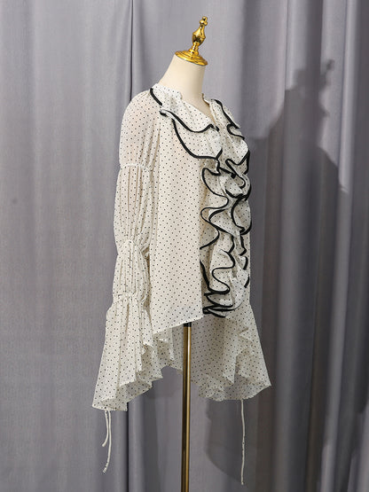 White Trim Ruffle Drawstring Chiffon Blouse