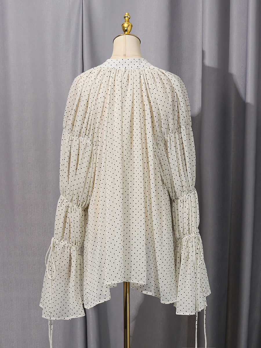 White Trim Ruffle Drawstring Chiffon Blouse