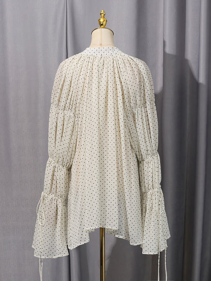 White Trim Ruffle Drawstring Chiffon Blouse