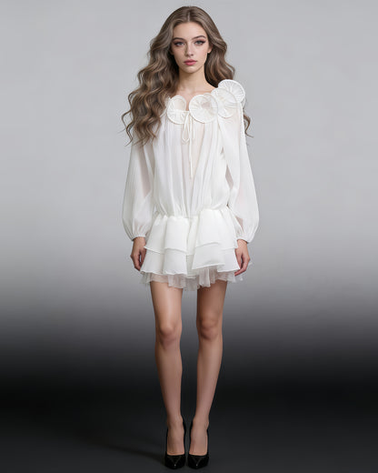 White Tulle 3D Floral Lantern Sleeve Mini Dress