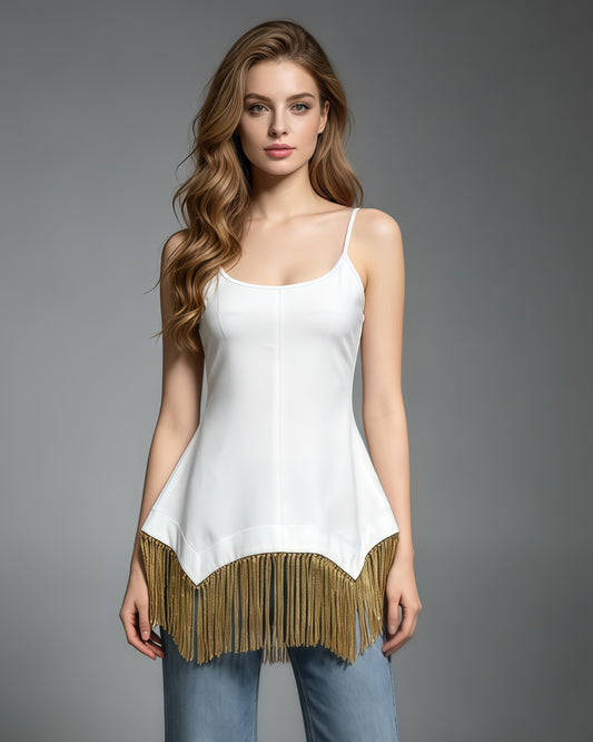 White Tunic Gold Tassel Hem Vest