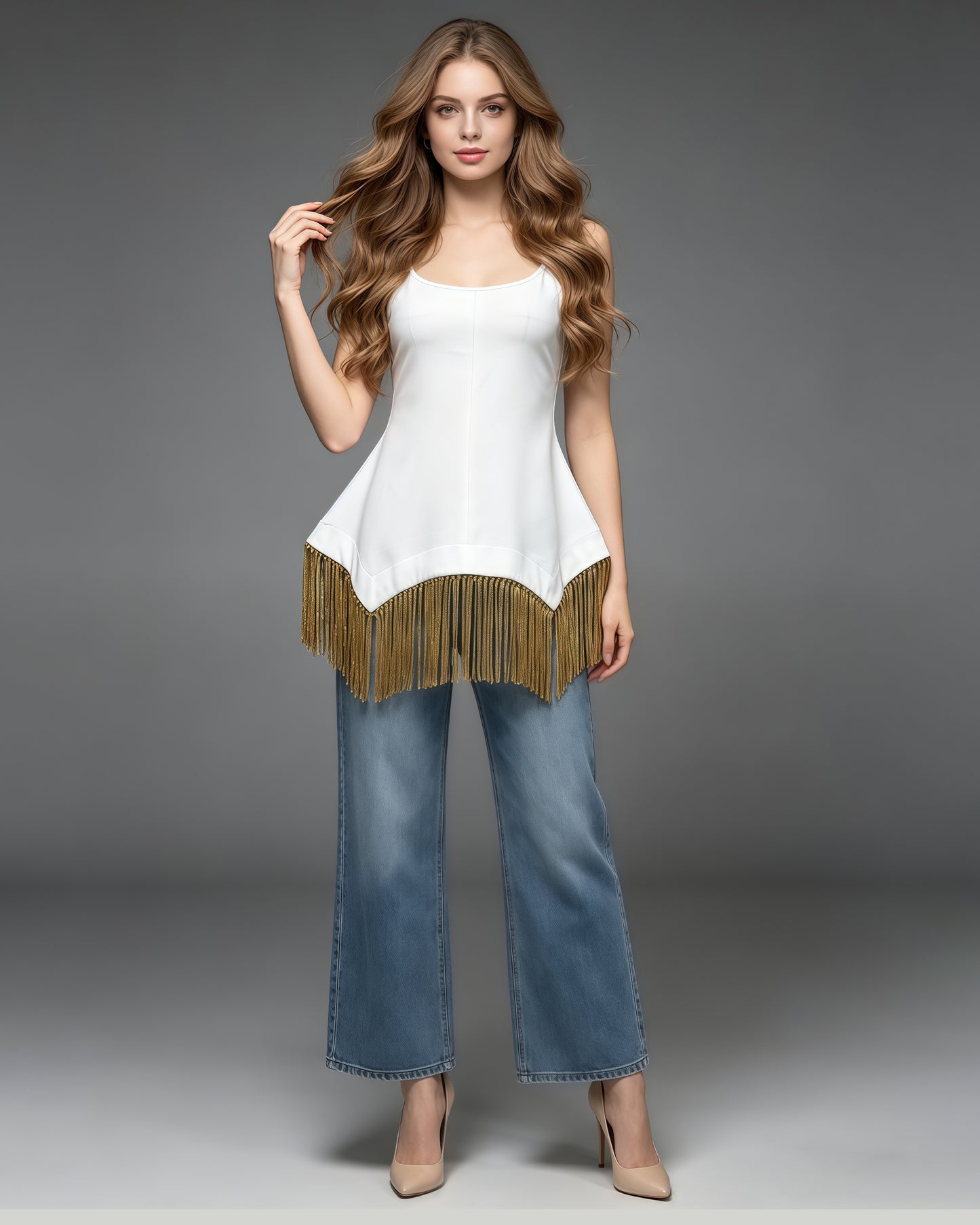 White Tunic Gold Tassel Hem Vest