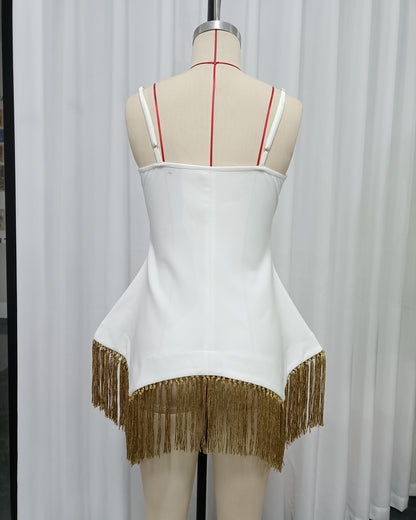White Tunic Gold Tassel Hem Vest