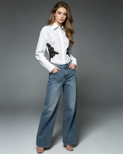 White Tunic Spliced Lace Blouse
