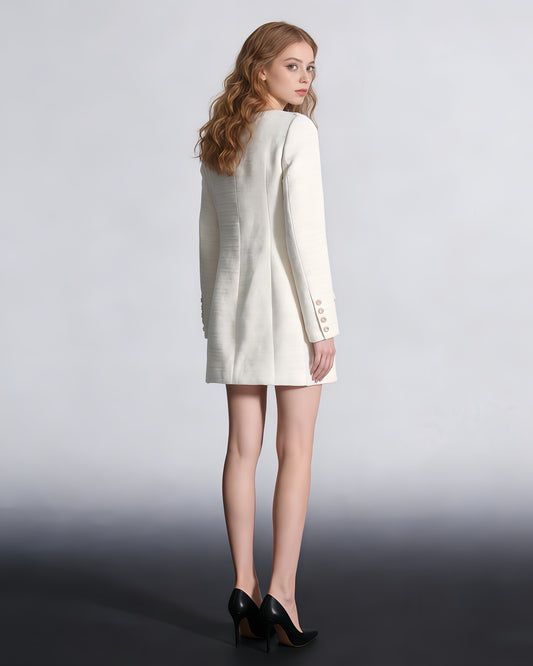 White Tweed Double-Breasted Blazer Dress