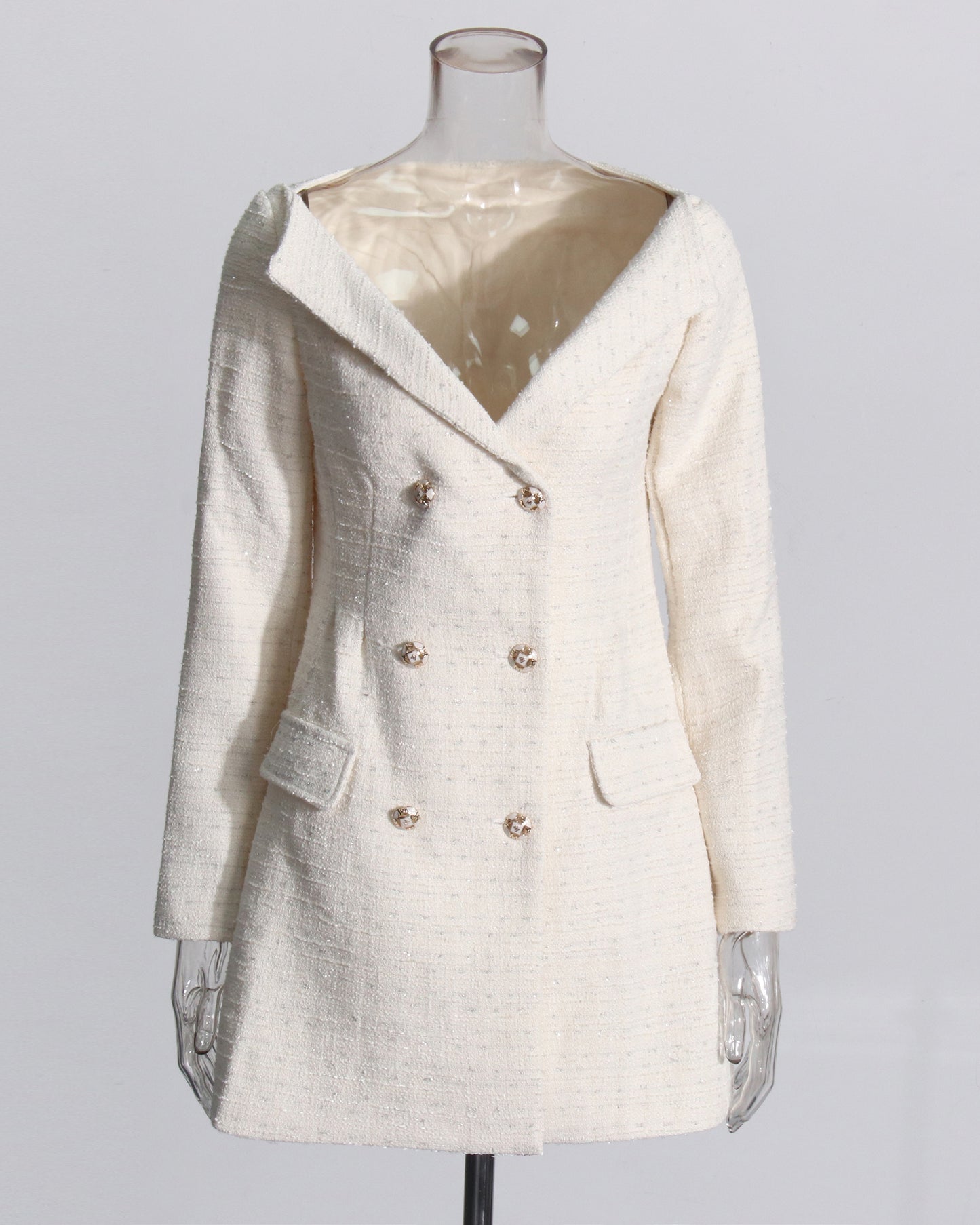 White Tweed Double-Breasted Blazer Dress