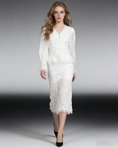 White V-Neck Lace Flare Sleeve Mermaid Skirt Set