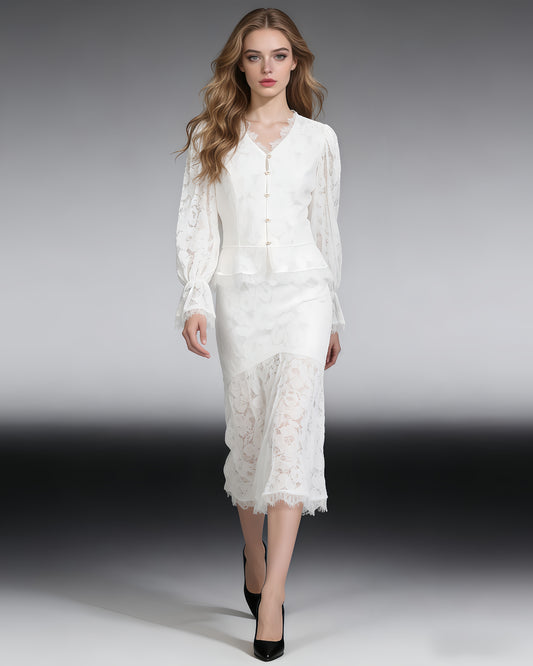 White V-Neck Lace Flare Sleeve Mermaid Skirt Set