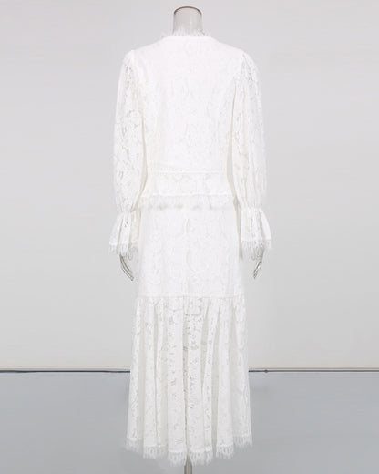 White V-Neck Lace Flare Sleeve Mermaid Skirt Set