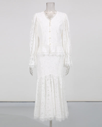 White V-Neck Lace Flare Sleeve Mermaid Skirt Set