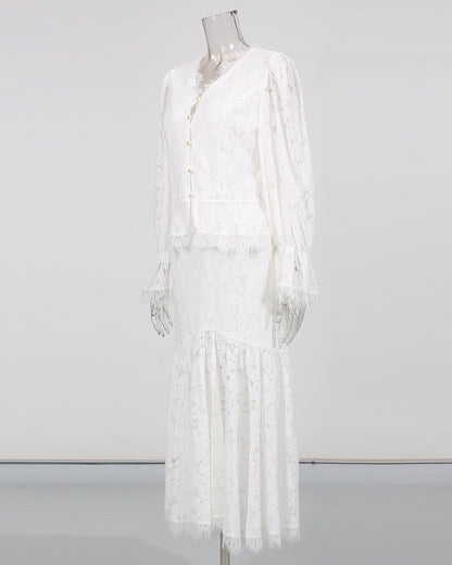 White V-Neck Lace Flare Sleeve Mermaid Skirt Set