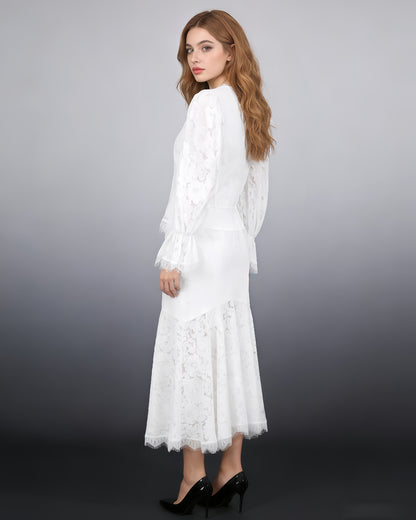 White V-Neck Lace Flare Sleeve Mermaid Skirt Set