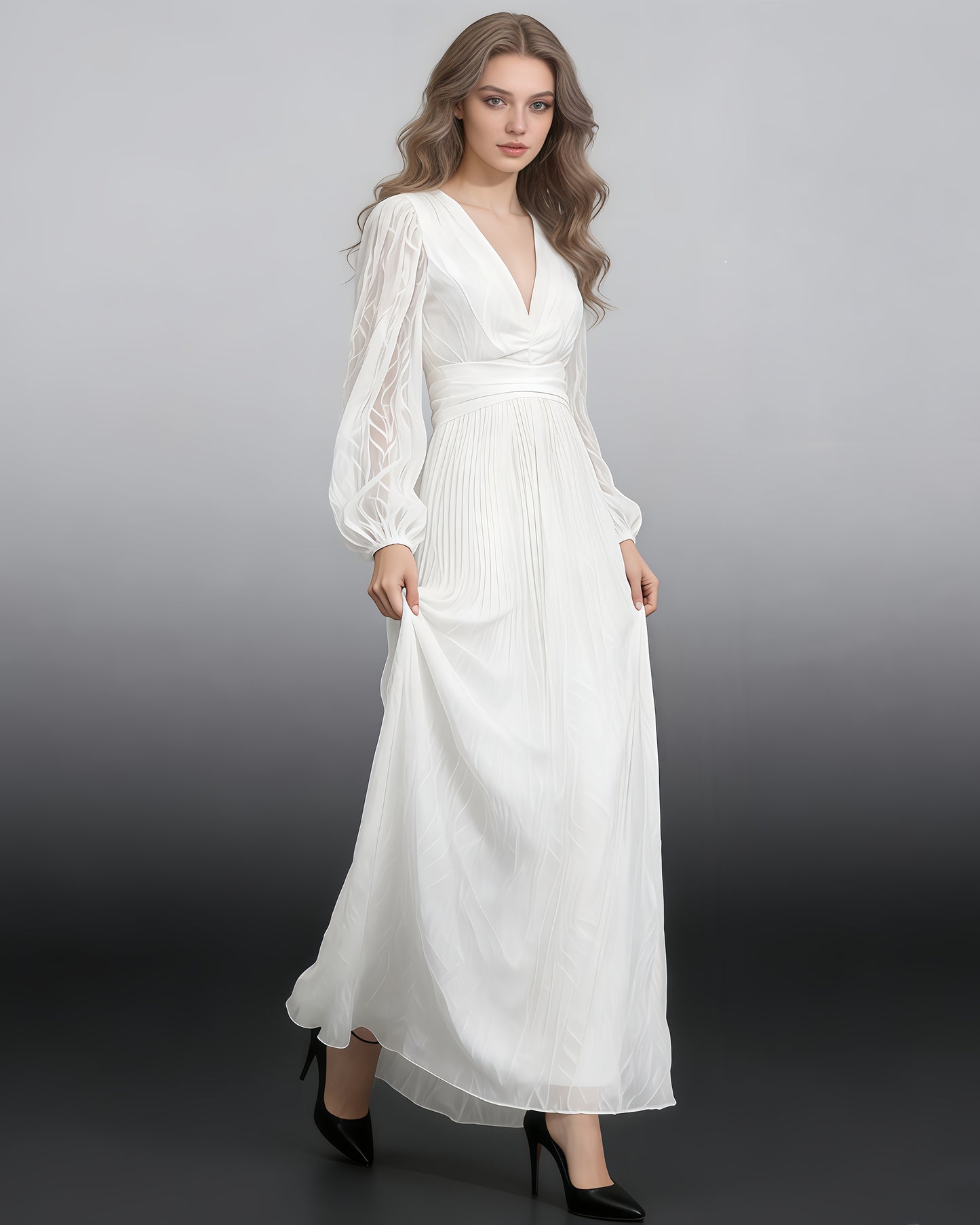 White V-Neck Puff Sleeve Fitted Maxi Dress