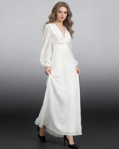 White V-Neck Puff Sleeve Fitted Maxi Dress