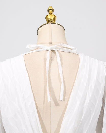 White V-Neck Puff Sleeve Fitted Maxi Dress