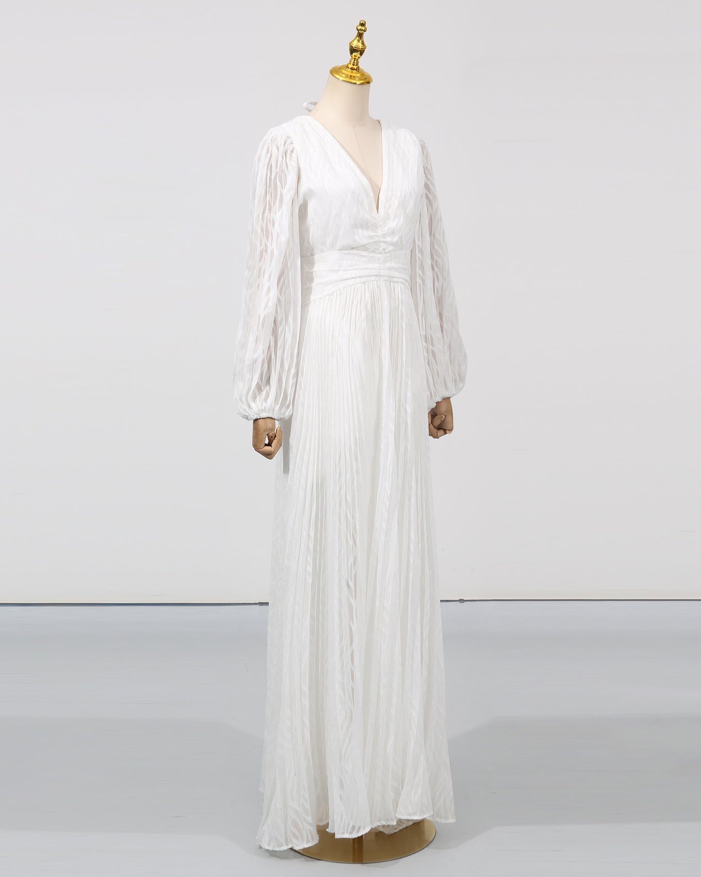 White V-Neck Puff Sleeve Fitted Maxi Dress